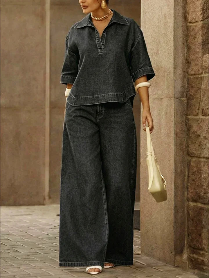 Women's Casual 100% Cotton Denim Top And Wide-leg Pants Two-piece Set