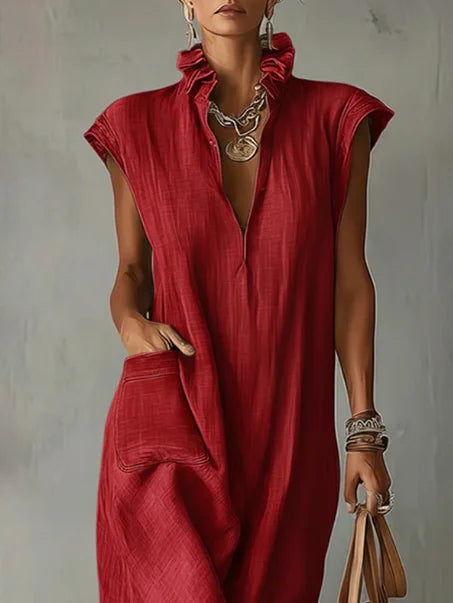 Women’s Ruffle Collar Cotton Linen Midi Dress – Elegant Summer Dress