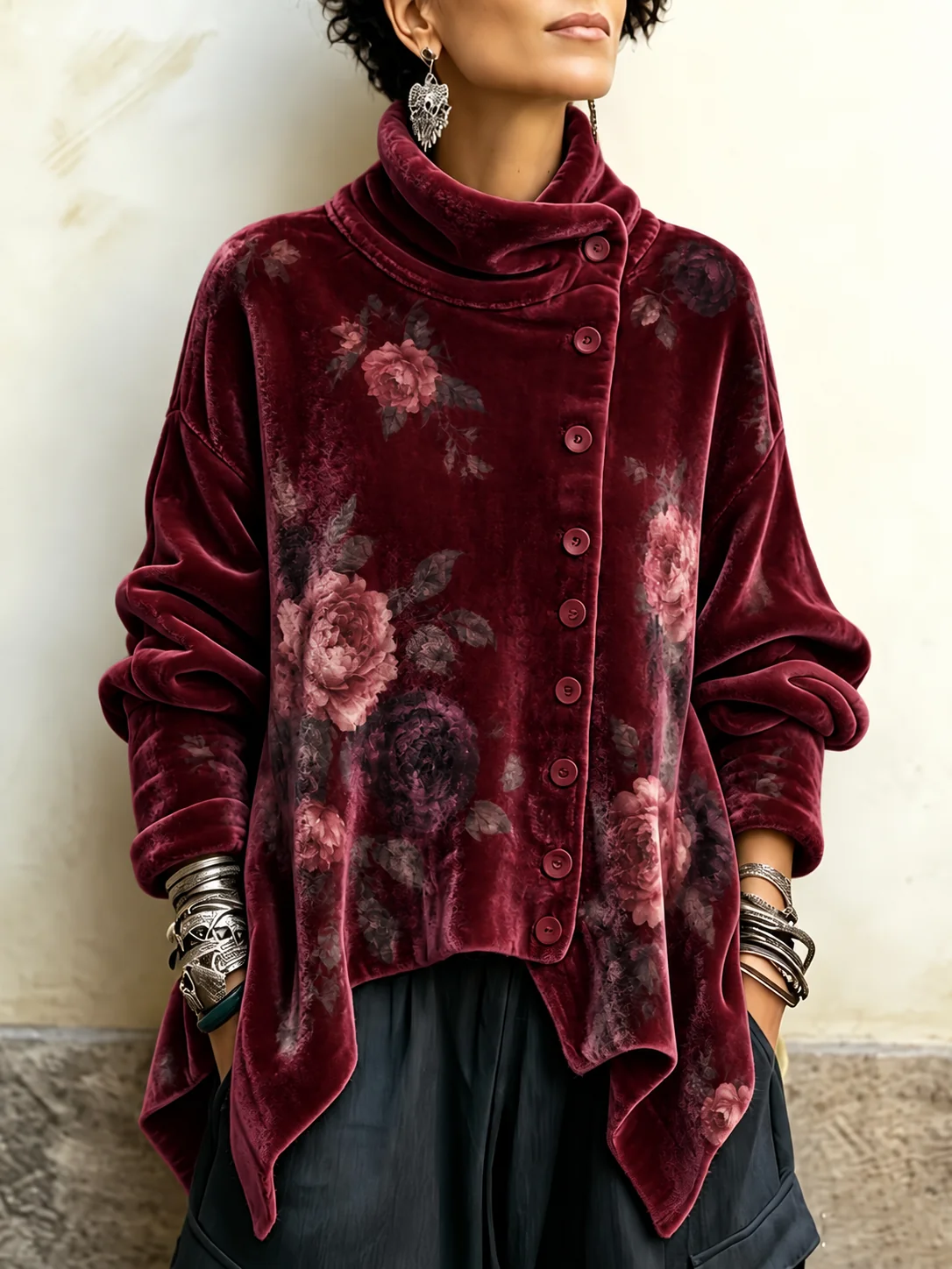 Vintage Abstract Print Asymmetrical Turtleneck Top