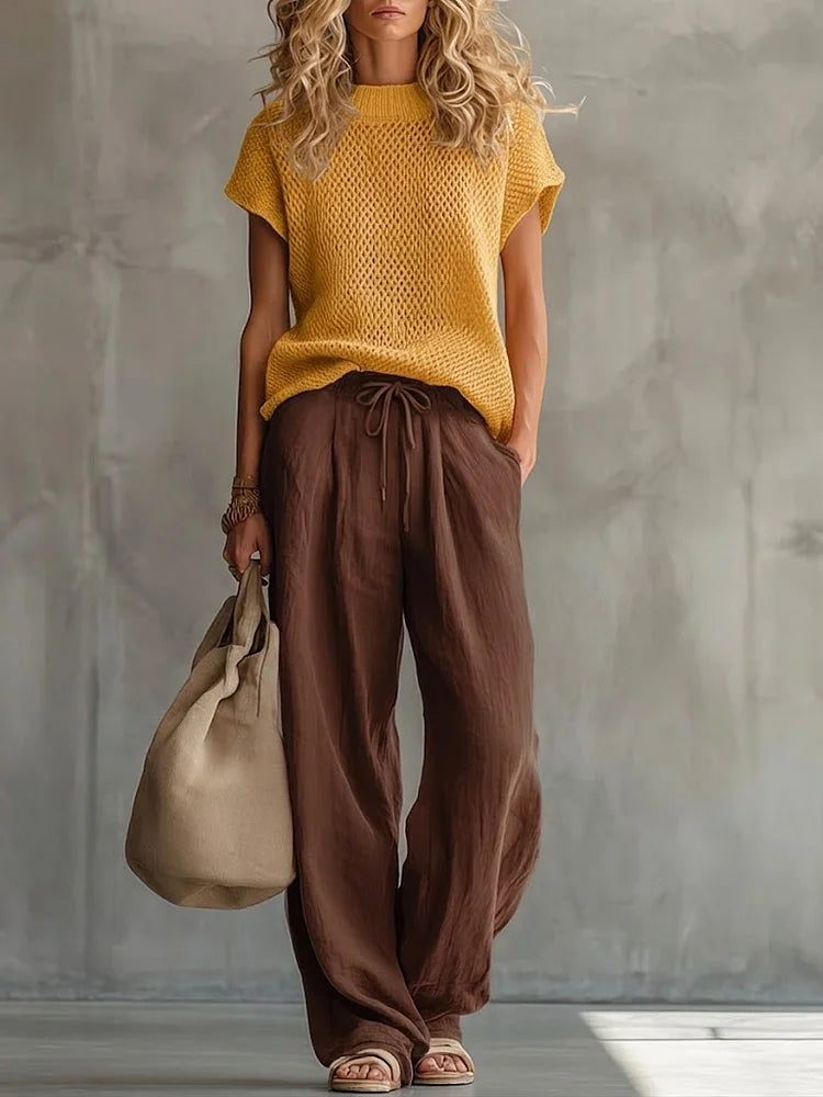 Casual Knitted Pullover Top And Linen-cotton Trousers Two-piece Set