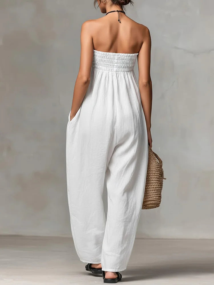 Women's Solid Color Strapless Casual Loose Cotton And Linen Jumpsuit