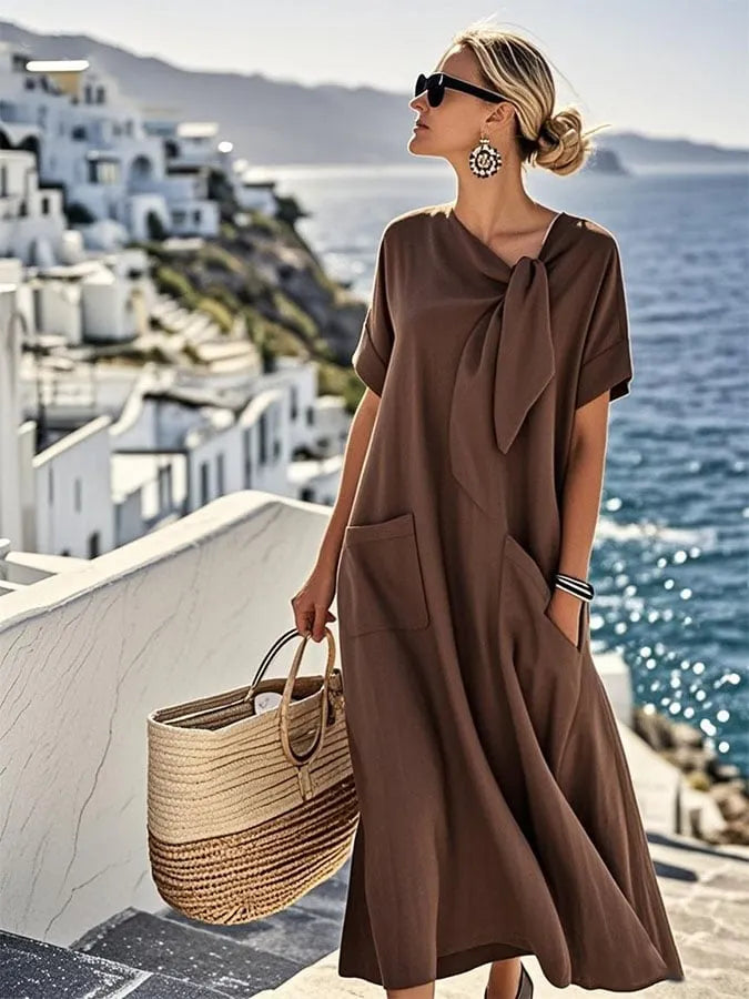 Women'S Solid Color Loose Cotton And Linen Pocket Dress