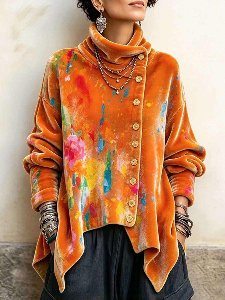 Vintage Abstract Print Asymmetrical Turtleneck Top