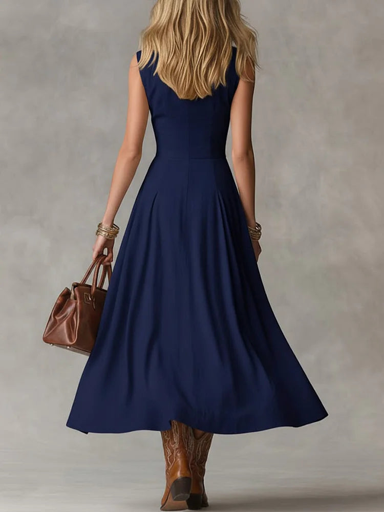 Women's Solid Color Collared Sleeveless Casual Loose Cotton Linen Dress