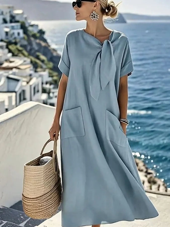 Women'S Solid Color Loose Cotton And Linen Pocket Dress