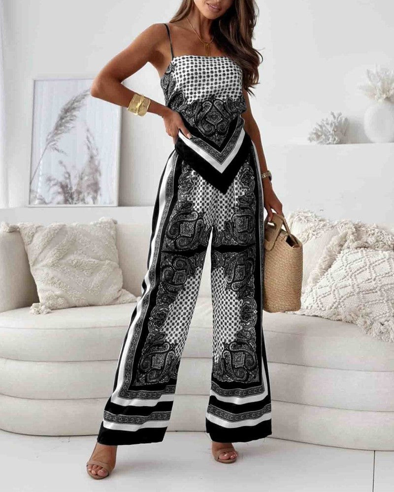 Stylish Printed Lace-Up Vest & Pants Two-Piece Set