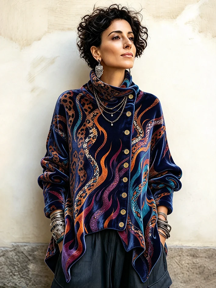 Vintage Abstract Print Asymmetrical Turtleneck Top