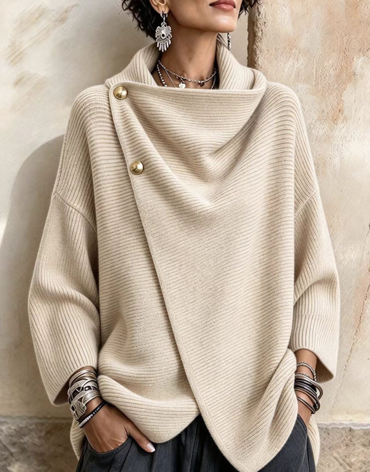 Chic Knitted Asymmetric Button-up Top