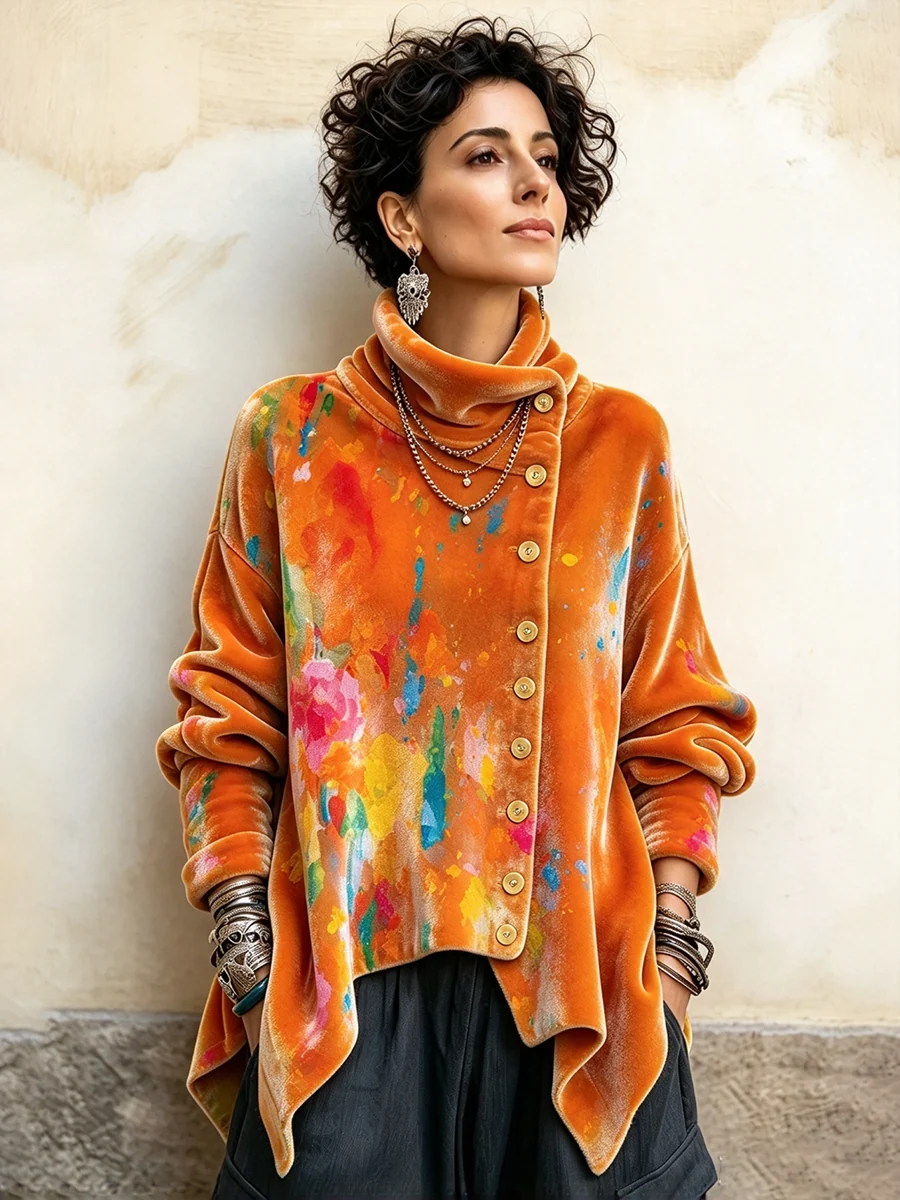 Vintage Abstract Print Asymmetrical Turtleneck Top