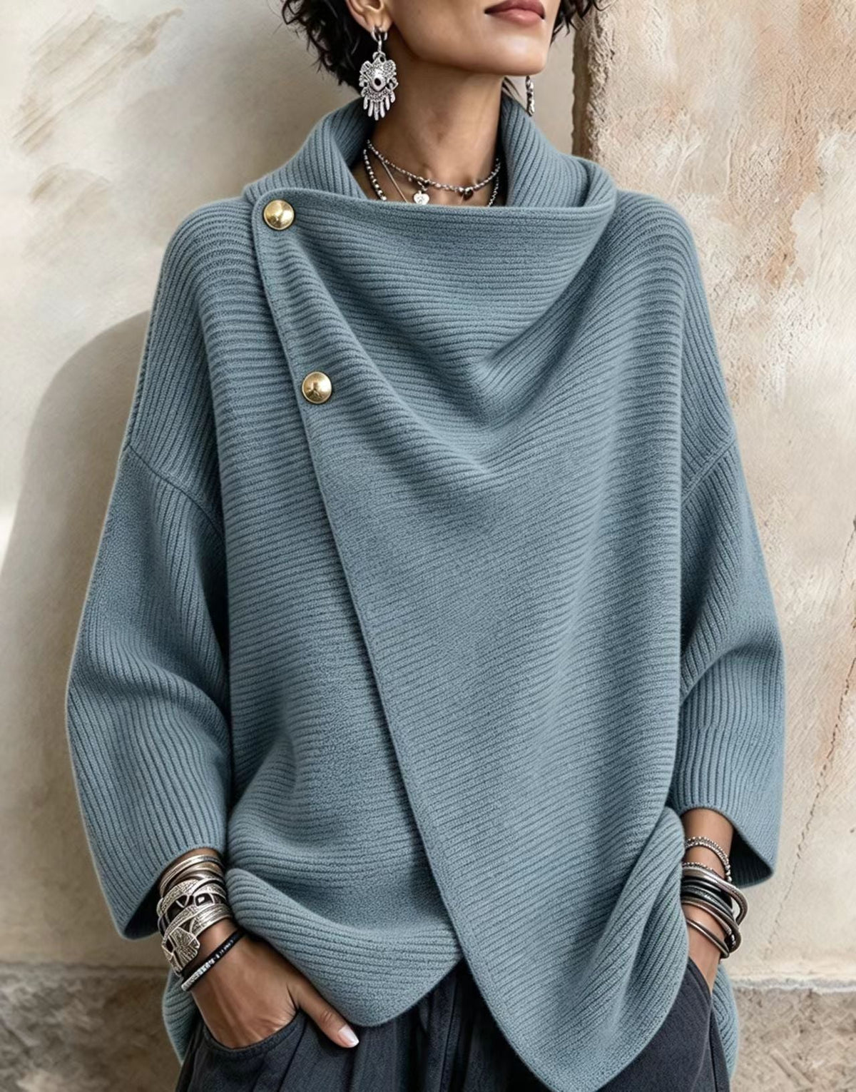 Chic Knitted Asymmetric Button-up Top