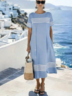 Women'S Casual Color-Block Cotton And Linen Dress