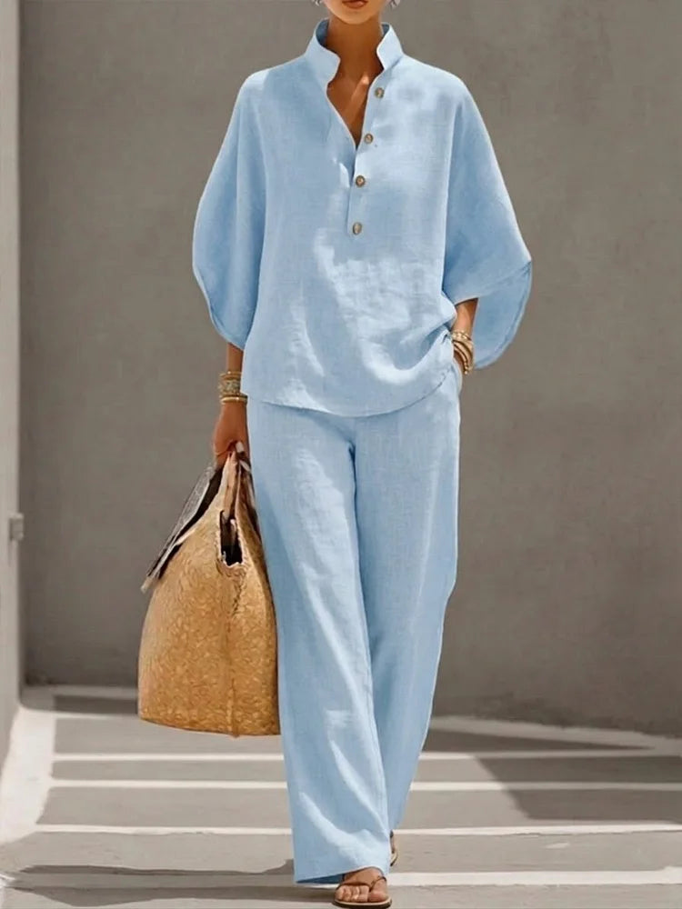 Women’s Batwing Sleeve Linen Cotton Two-Piece Set – Casual Shirt & Wide Leg Pants Outfit