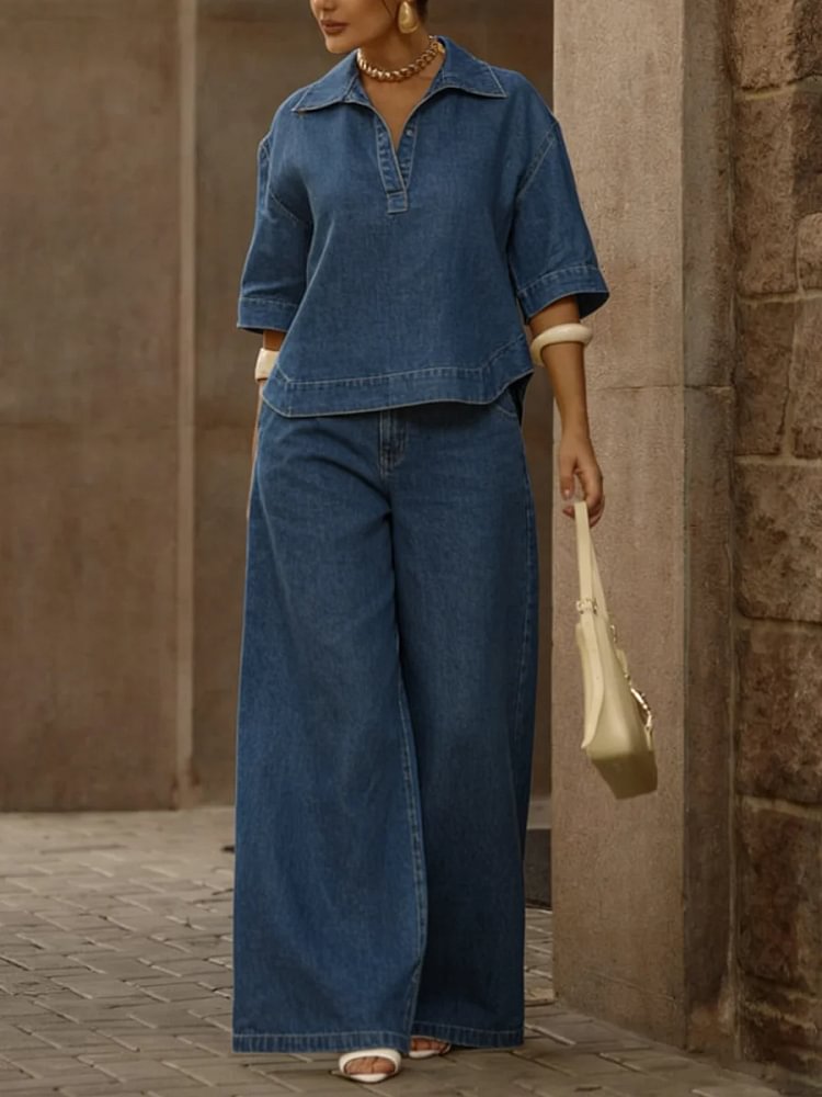 Women's Casual 100% Cotton Denim Top And Wide-leg Pants Two-piece Set