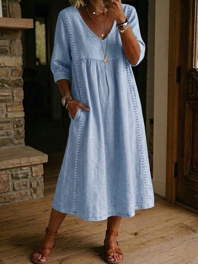 Casual Loose-fitting Patchwork Lace Trim Linen And Cotton Dress – Chloé Quebec Boutique