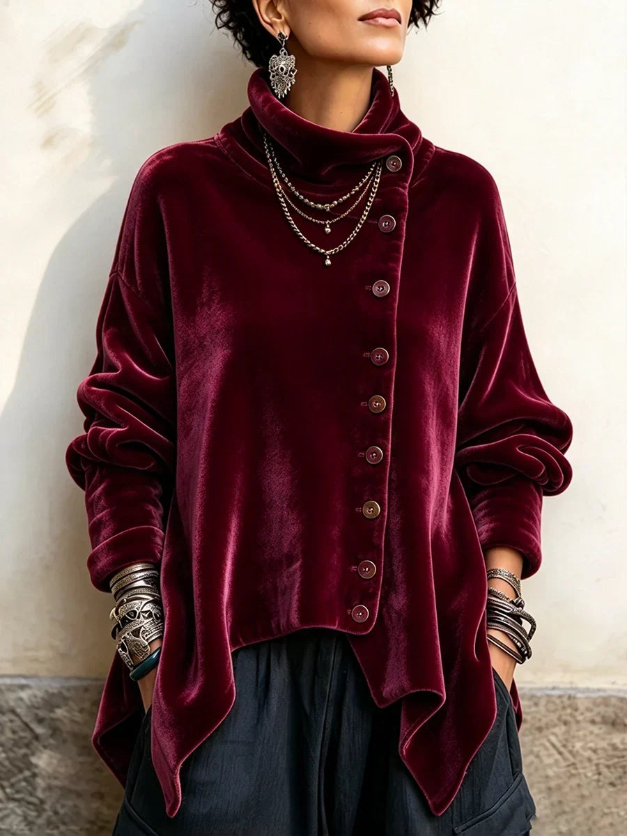 Leopard Velvet Asymmetrical Button Top