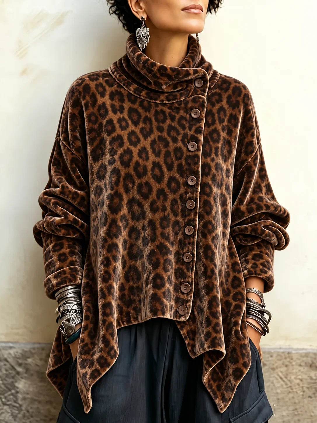 Leopard Velvet Asymmetrical Button Top
