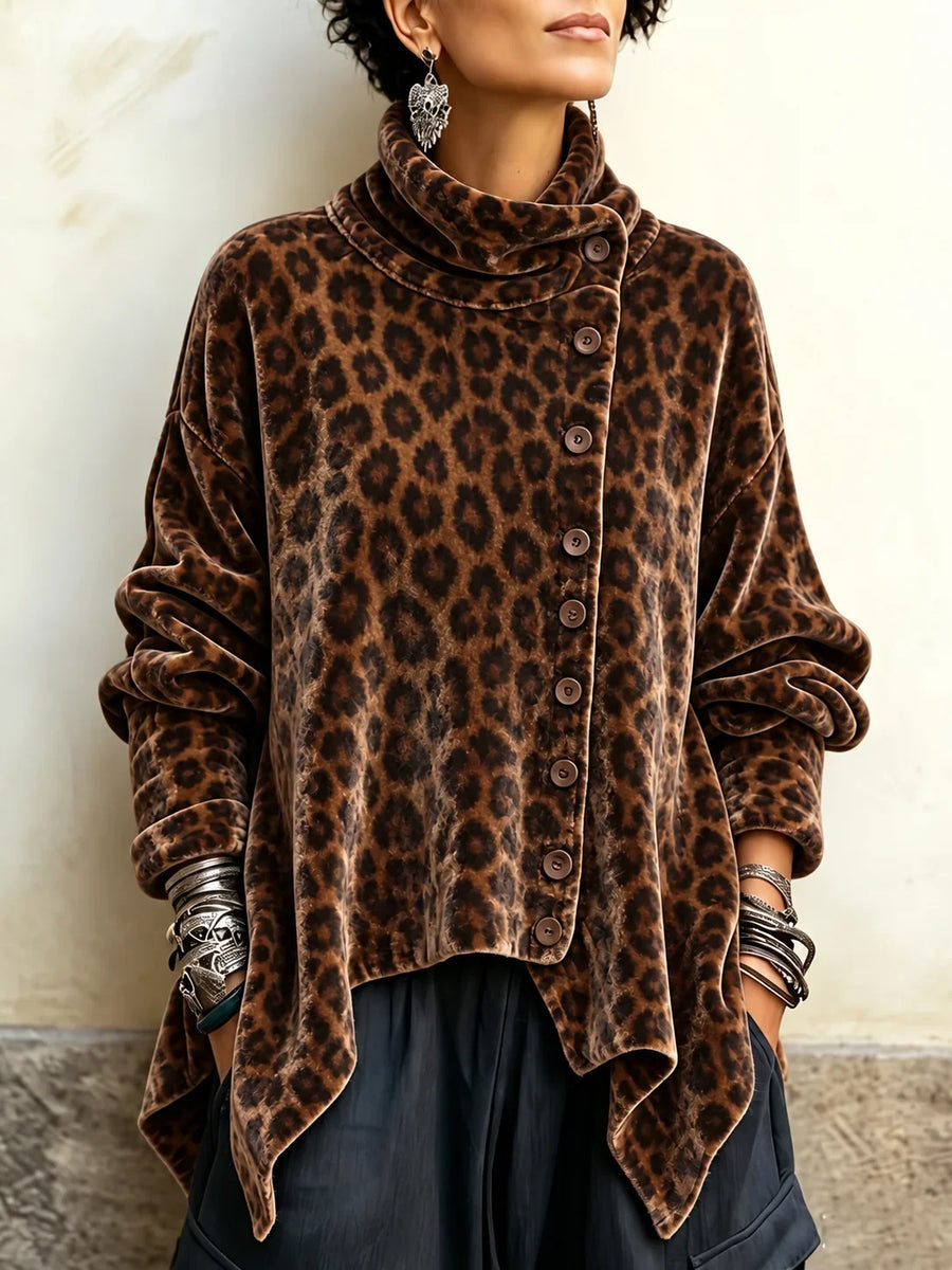 Leopard Velvet Asymmetrical Button Top