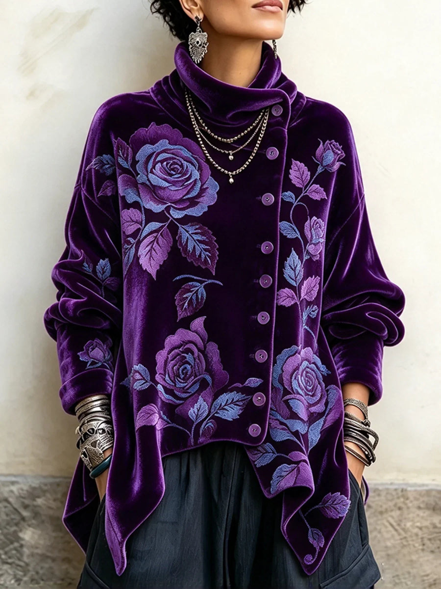 Purple Velvet Floral Rose Top – Asymmetrical Button & Cowl Neck