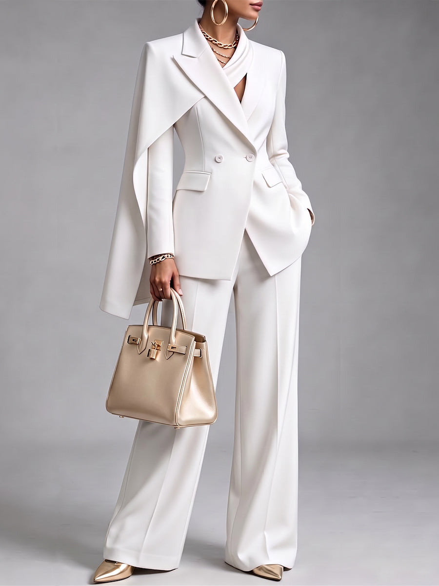 Women’s Chic 2-Piece Suit Set – Asymmetric Cape Blazer & Wide-Leg Pants