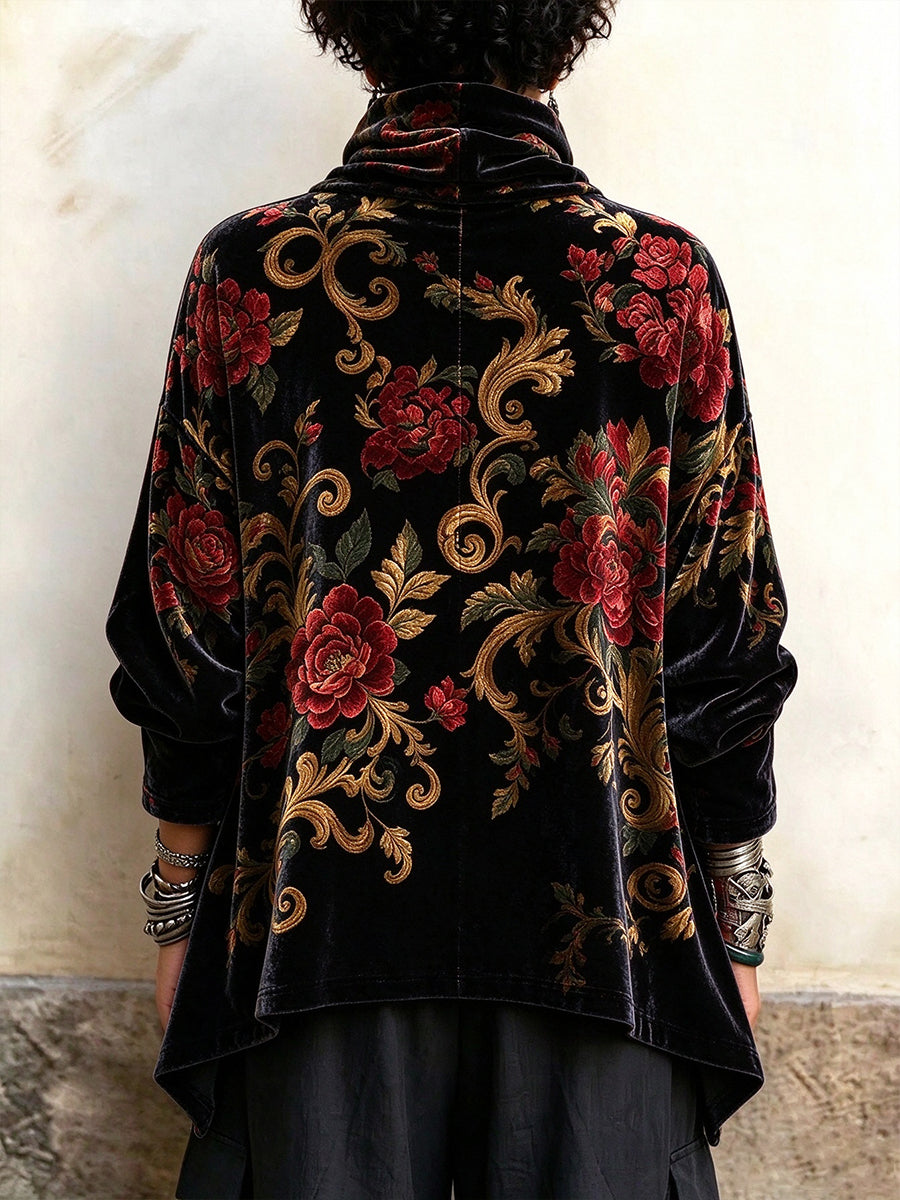 Vintage-Style Floral Print Velvet Top