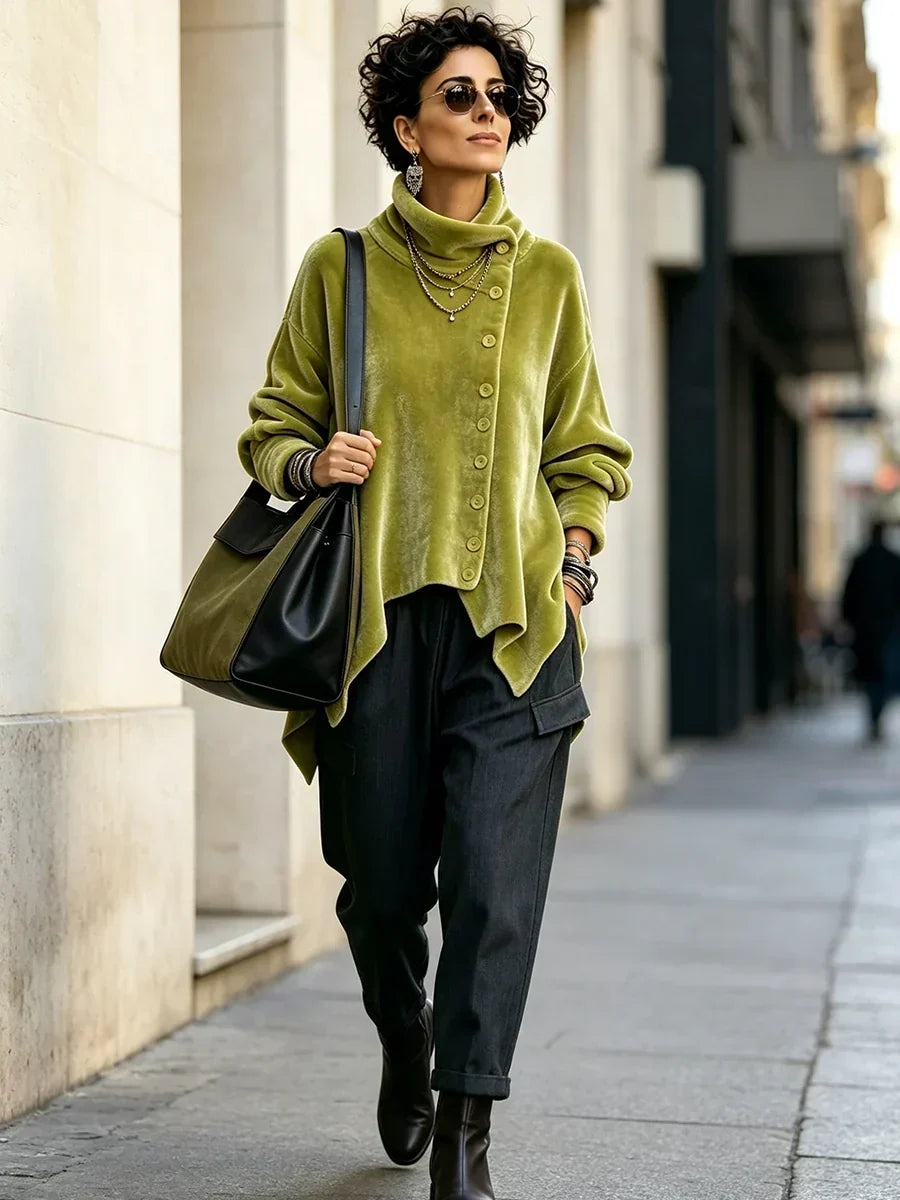 Vintage Abstract Print Asymmetrical Turtleneck Top
