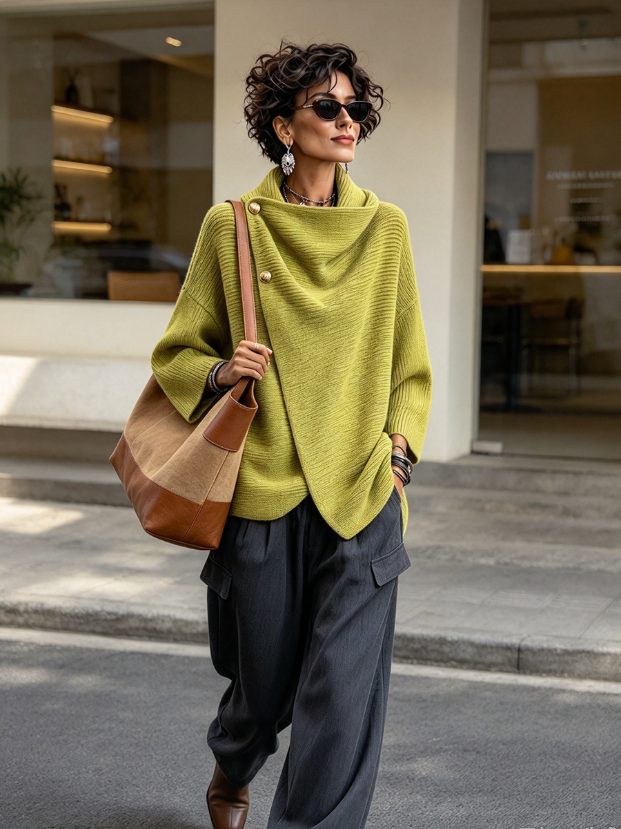 Chic Knitted Asymmetric Button-up Top