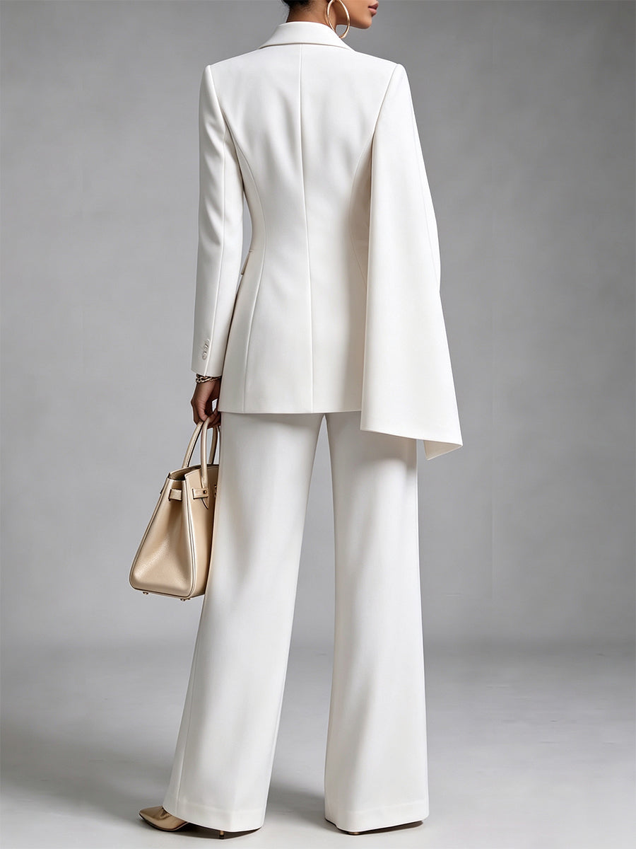 Women’s Chic 2-Piece Suit Set – Asymmetric Cape Blazer & Wide-Leg Pants