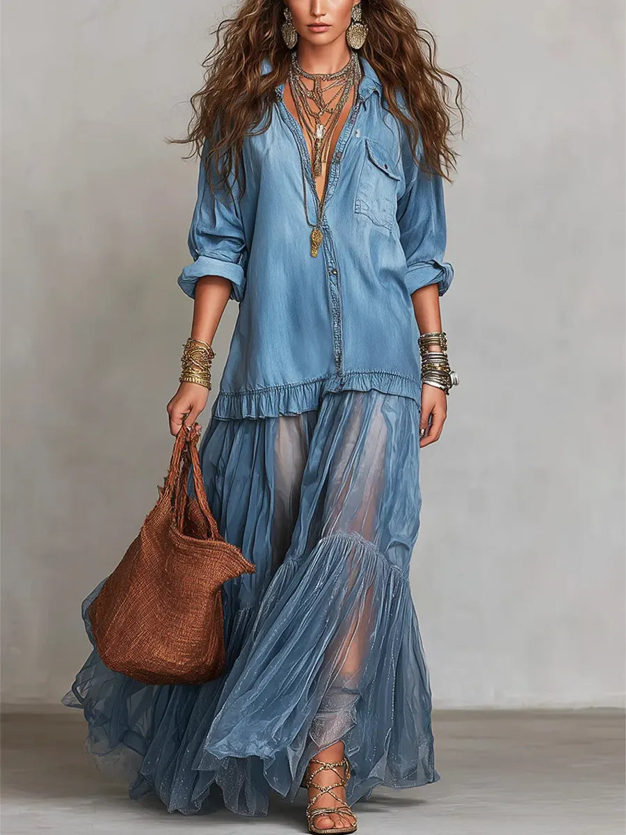 Women's Retro Lapel Denim Organza Patchwork Art Casual Maxi Dress – Chloé Quebec Boutique