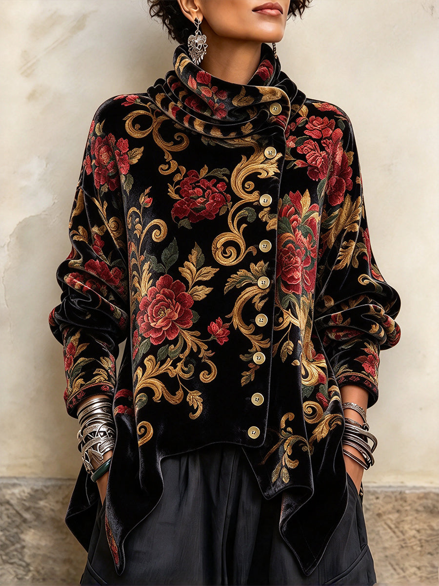 Vintage-Style Floral Print Velvet Top