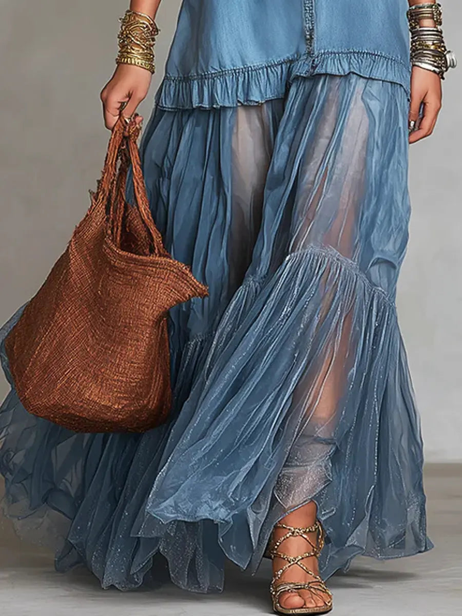 chloe denim maxi dress Chlo Maxi Dress Dark Blue Denim Tiered Off-Shoulder Size 34 FR