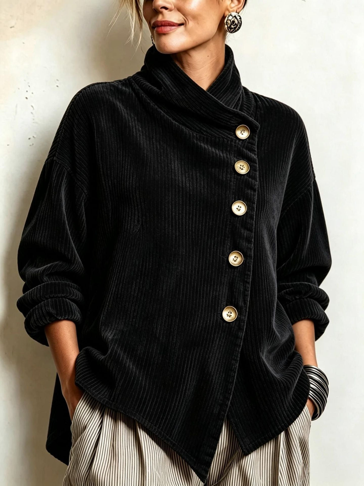 Women's Corduroy Jacket | Funnel Neck Asymmetric Button Front