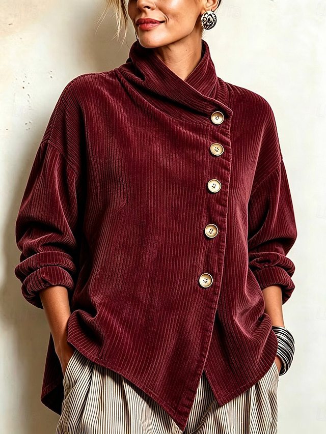 Women's Corduroy Jacket | Funnel Neck Asymmetric Button Front