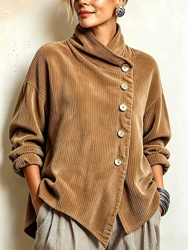 Women's Corduroy Jacket | Funnel Neck Asymmetric Button Front