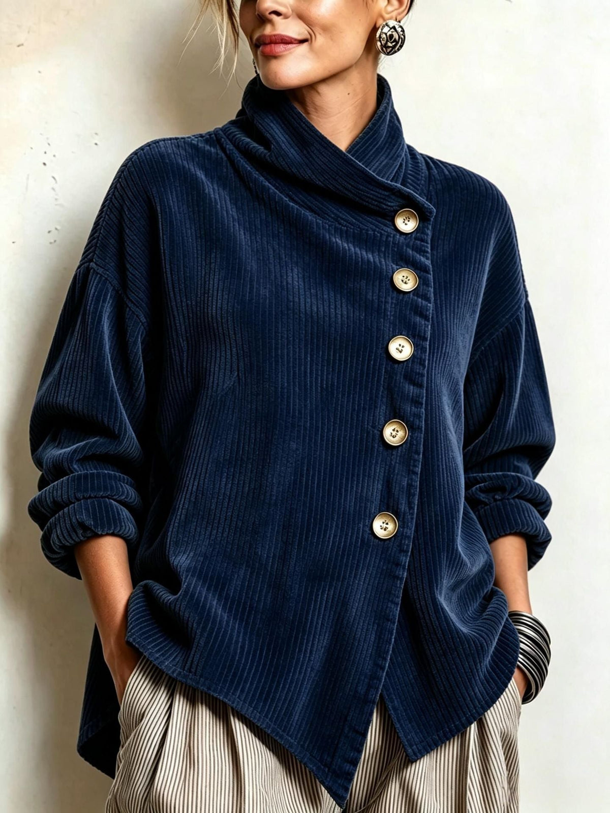 Women's Corduroy Jacket | Funnel Neck Asymmetric Button Front