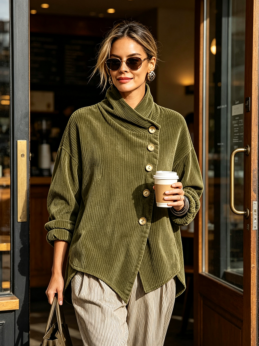 Women's Corduroy Jacket | Funnel Neck Asymmetric Button Front