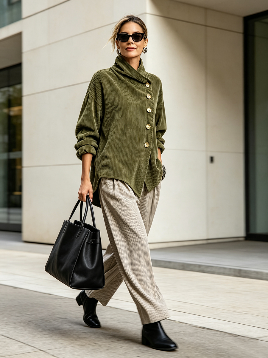 Women's Corduroy Jacket | Funnel Neck Asymmetric Button Front