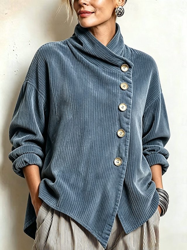 Women's Corduroy Jacket | Funnel Neck Asymmetric Button Front